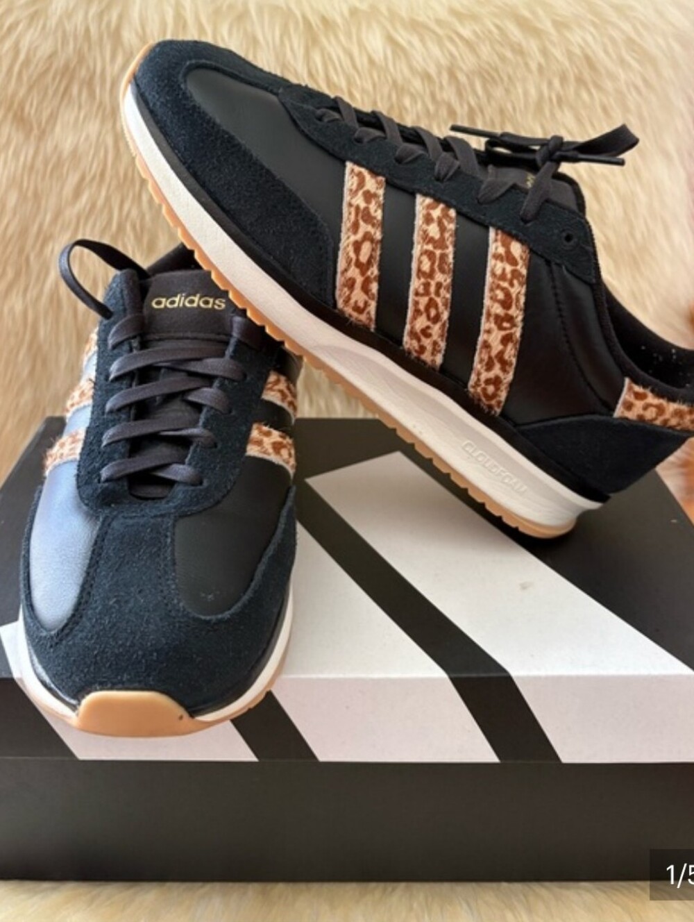 ADIDAS - Black and Brown Leopard-Accent Women's Sneakers.